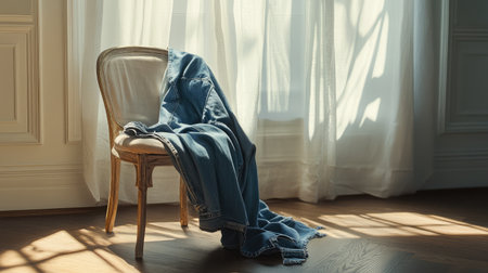 A serene scene featuring a denim blanket draped over a chair illuminated by soft morning light, creating a cozy and inviting atmosphere in a stylish interior.の素材