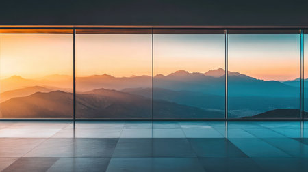 A modern interior space featuring large glass windows showcasing a stunning sunset view over mountain ranges, creating a tranquil and artistic atmosphere.の素材