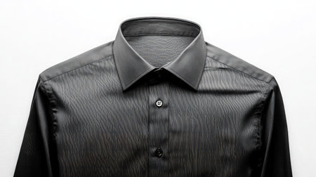 A sleek and elegant black shirt featuring a textured fabric and a classic collar. Perfect for formal occasions or stylish everyday wear.の素材