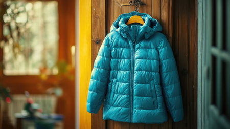 A bright turquoise jacket is stylishly hanging on a wooden door, showcasing the cozy appeal of home fashion and winter outerwear. Perfect for casual attire.の素材