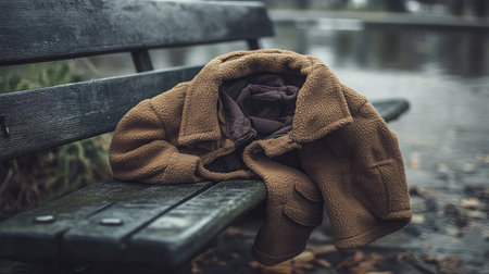 A cozy brown jacket casually draped over a park bench creates a serene and tranquil atmosphere, perfect for depicting quiet autumn moments.の素材