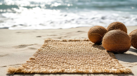 A serene beach scene featuring a natural fiber rug and coconut balls on the sand, capturing the essence of coastal relaxation and rustic beauty.の素材