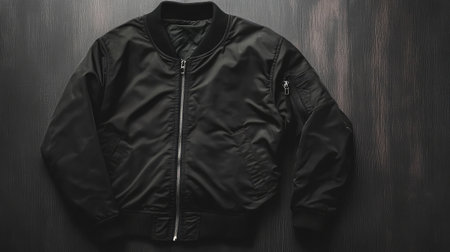 A stylish black bomber jacket displayed on a dark wood background, showcasing its modern design and versatility for casual outfits and street style.の素材