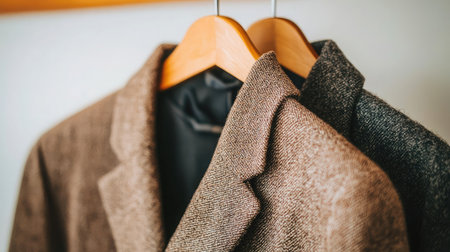 Two elegant tailored suits hanging on wooden hangers, showcasing fine fabric and design. Perfect for fashion, business, or upscale clothing collections.の素材