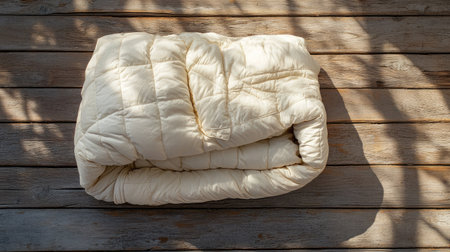 A soft, rolled white blanket rests on a wooden surface, enveloped in warm daylight and gentle shadows, creating a serene and cozy atmosphere.の素材