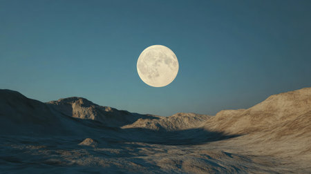 A stunning full moon illuminates a vast desert landscape, creating a serene and tranquil atmosphere at dusk. The dramatic hills and rocky terrain provide a beautiful setting under the night sky.の素材