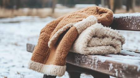 Soft fluffy blankets draped over a wooden bench create a warm and inviting atmosphere against a snowy landscape, perfect for winter relaxation.の素材