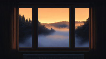 A stunning view from a window showcasing a serene dawn, revealing a misty forest landscape bathed in warm sunrise hues, offering tranquility and beauty.の素材