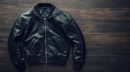 A stylish black leather jacket displayed on a wooden surface, perfect for showcasing fashion and design in apparel. A timeless piece for any wardrobe.の素材