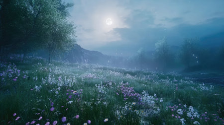 A serene night landscape showcasing vibrant flowers illuminated by the moonlight. The tranquil atmosphere invites a sense of calm and beauty in nature.の素材