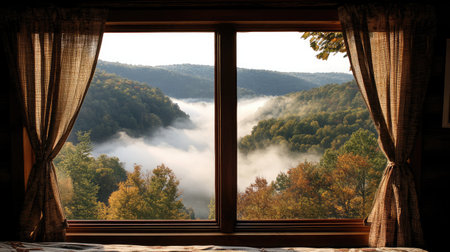 Experience tranquility with this view of fog rolling through autumn hills from a cozy cabin window. A perfect blend of nature's beauty and serene atmosphere.の素材