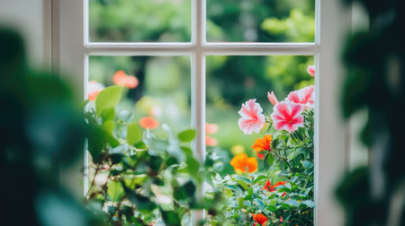 A vibrant view of colorful flowers through a window, blending the beauty of nature with a serene home interior. Perfect for representing tranquility and freshness.の素材