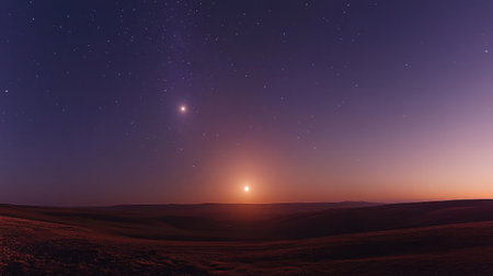 A breathtaking view of a serene landscape at dusk, featuring a brilliant sunset and twinkling stars, reflecting tranquility and natural beauty in harmony.の素材