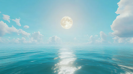 A stunning view of a full moon illuminating the ocean waters, surrounded by soft clouds. The tranquil scene captures the serene beauty of nature's harmony.の素材