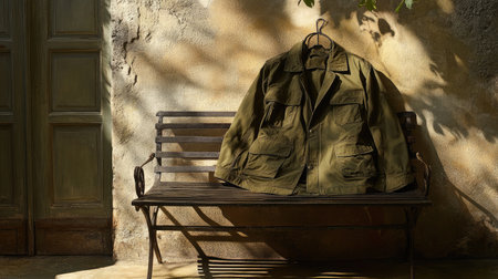 A green jacket hangs on a rustic bench, bathed in soft sunlight. The warm tones and textures create a cozy and inviting atmosphere for fashion photography.の素材