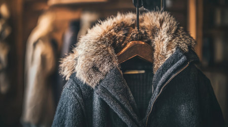 A fashionable coat featuring a luxurious fur collar hangs elegantly on a display. Ideal for showcasing winter styles and warm apparel.の素材