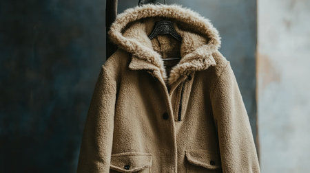 A stylish shearling lined jacket hanging on a rack, perfect for chilly weather. This fashionable outerwear offers warmth and comfort with a trendy design.の素材