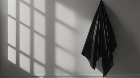 A striking composition featuring a black fabric draping on a wall, casting soft shadows and adhering to minimalistic design principles, perfect for artistic inspiration.の素材
