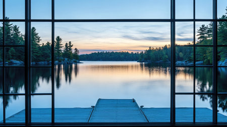 A tranquil lake view at dusk, seen through a window, showcases the serene reflections on the water and lush greenery, creating a peaceful ambiance.の素材