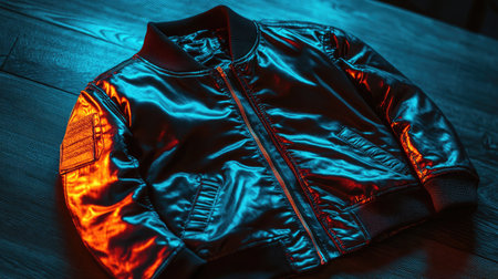 A modern black bomber jacket rests on a wooden surface, showcasing its sleek design and glossy finish under vibrant lighting, perfect for fashion photography.の素材
