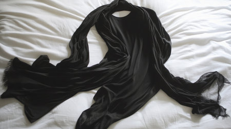 A sleek black scarf elegantly drapes across a soft white bedspread, creating a minimalist and chic aesthetic perfect for fashion photography or interior design.の素材