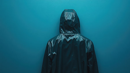 A hooded raincoat stands against a vibrant blue background, embodying minimalism and style, perfect for showcasing modern fashion and weather protection.の素材