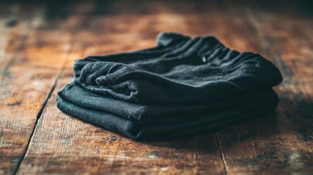 A neatly folded stack of black clothing placed on a rustic wooden surface. This image captures simplicity and elegance suitable for lifestyle and fashion themes.の素材