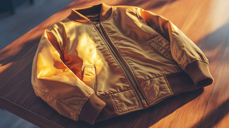 A stylish golden bomber jacket laid flat on a wooden table. Perfect for adding a vibrant touch to casual outfits, showcasing modern design and comfort.の素材
