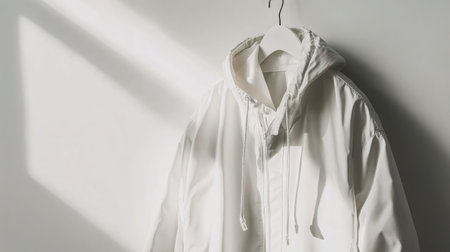 A soft white hoodie hangs against a light wall, showcasing its minimalist design. The gentle play of light and shadow creates a calm, serene atmosphere perfect for fashion photography.の素材