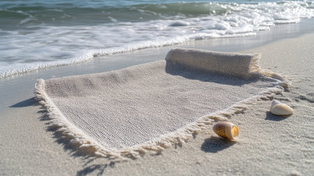 A soft beach blanket rests on the shoreline, surrounded by seashells and gentle waves. Perfect for evoking a sense of relaxation and summer vibes.の素材