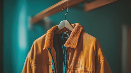 A close-up of a stylish orange jacket hanging neatly on a wooden hanger. The vibrant color and texture stand out against a soft background, adding a touch of modern fashion to any wardrobe.の素材