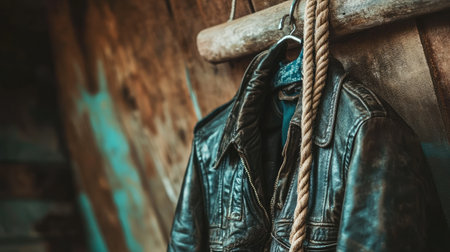 A vintage leather jacket hangs against a rustic wooden wall, with a rope adding character. This image evokes nostalgia and adventure in a crafted setting.の素材