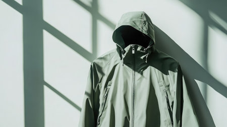 A minimalist hooded jacket hangs against a light wall, casting shadows that enhance its modern design. Perfect for fashion and apparel imagery.の素材