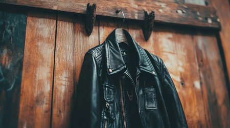 A vintage black leather jacket elegantly hanging on a rustic wooden background, showcasing timeless fashion and premium craftsmanship in a stylish setting.の素材
