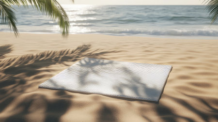 A serene beach scene featuring a soft blanket on sandy shores, bathed in warm sunlight. The gentle waves and palm trees create a relaxing atmosphere.の素材