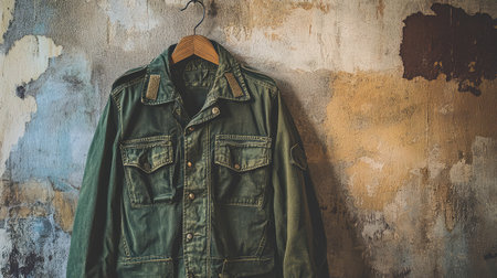 A worn military jacket hangs on a wooden hanger against a textured wall. The blend of colors and rustic background adds character and charm, ideal for vintage inspiration.の素材