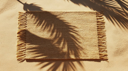 A beautiful mat casting shadows on a sandy surface, showcasing natural textures and warm tones. Perfect for summer-themed projects and designs.の素材