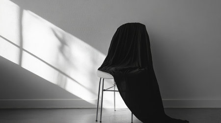 A minimalist scene featuring a chair draped in black fabric, casting delicate shadows on the wall. This black and white composition evokes elegance and simplicity.の素材
