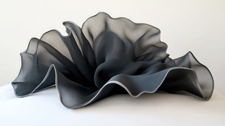This artistic image features elegant black fabric flowing gracefully on a white surface, showcasing texture and movement in a minimalist way.の素材
