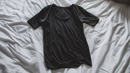 A simple black t-shirt laid out on a white bed sheet, showcasing a soft texture and minimalist style, perfect for casual wear or everyday outfits.の素材