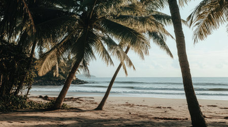 A peaceful beach scene featuring swaying palm trees and gentle ocean waves. Perfect for projects related to relaxation, nature, and tropical vacations.の素材