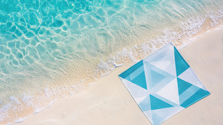 A serene top view of a beach blanket on soft sand next to clear turquoise water, perfect for summer relaxation, vacation inspiration, and coastal beauty.の素材
