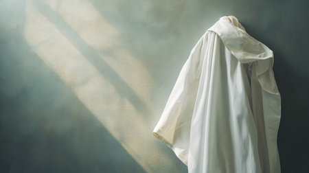 A serene and minimalist image of an ethereal white garment hanging against a softly lit background. Ideal for conveying concepts of simplicity and elegance.の素材