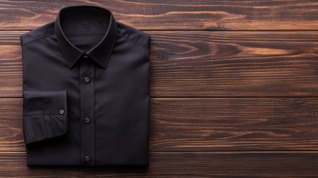 A neatly folded elegant black shirt displayed on a wooden background. Ideal for fashion, clothing, or lifestyle themes, enhancing visual appeal and elegance.の素材