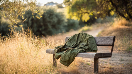A serene image of a green jacket draped over a wooden bench in a sunlit park. The scene captures a sense of calm and solitude in nature.の素材