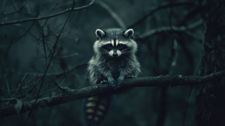 A solitary raccoon perched on a branch in a dark forest, showcasing its captivating eyes and furry coat, embodying a sense of mystery and tranquility in nature.の素材