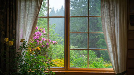 A serene view from a cozy window, showcasing vibrant flowers amidst rainfall. The lush greenery outside complements the peaceful interior atmosphere.の素材