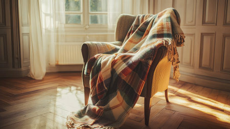 A cozy armchair draped with a warm blanket illuminated by sunlight in a serene indoor setting. Perfect for a leisurely reading nook or peaceful retreat.の素材