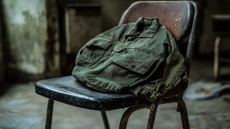 An abandoned chair showcases a military jacket draped over it, creating a poignant scene of solitude and nostalgia in a decaying environment.の素材