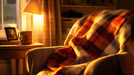 A cozy armchair draped with a warm plaid blanket, bathed in soft evening light. Perfect for relaxation and creating a welcoming atmosphere at home.の素材